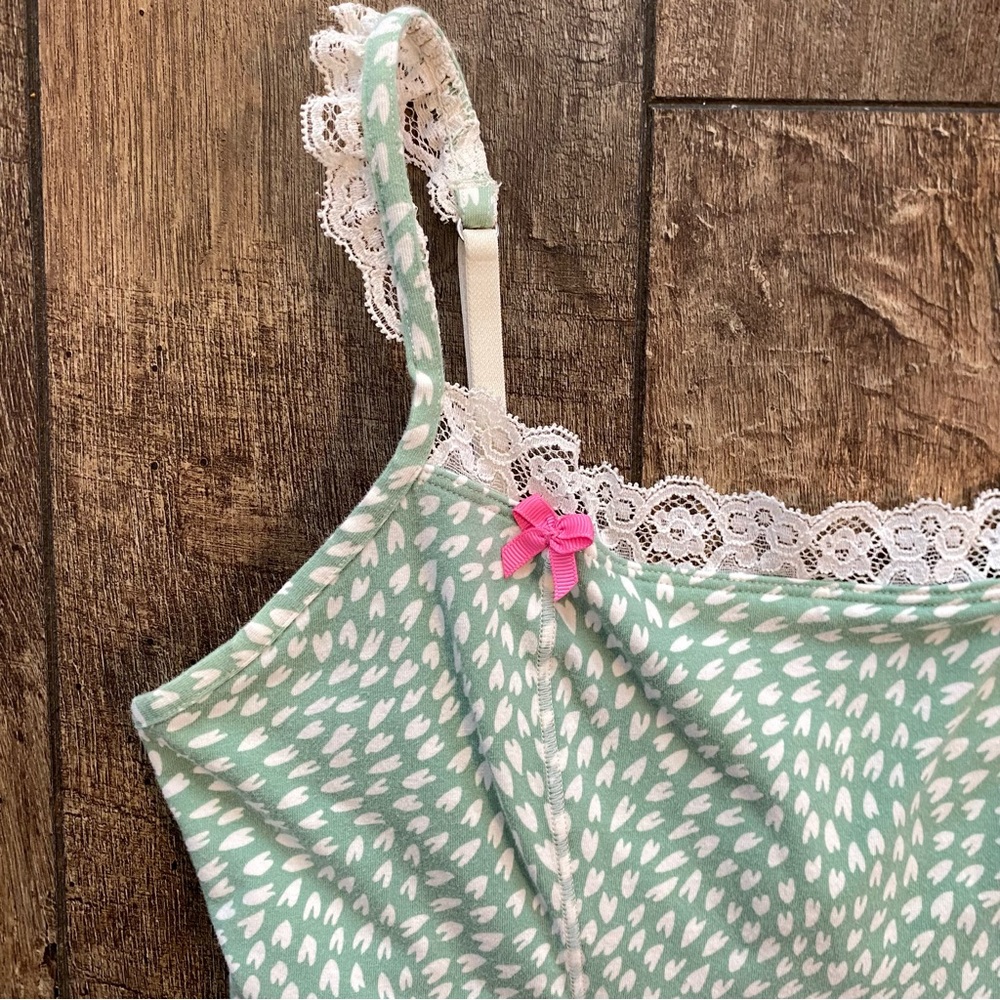 y2k vintage betsey johnson green & white heart lacy cami with mini pink bows - Picture 3 of 4